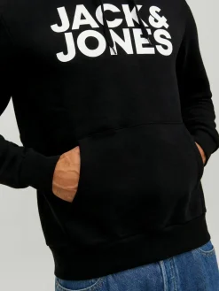JACK & JONES Corp logo sweat hood regular fit, heren hoodie katoenmengsel met capuchon, zwart grote print