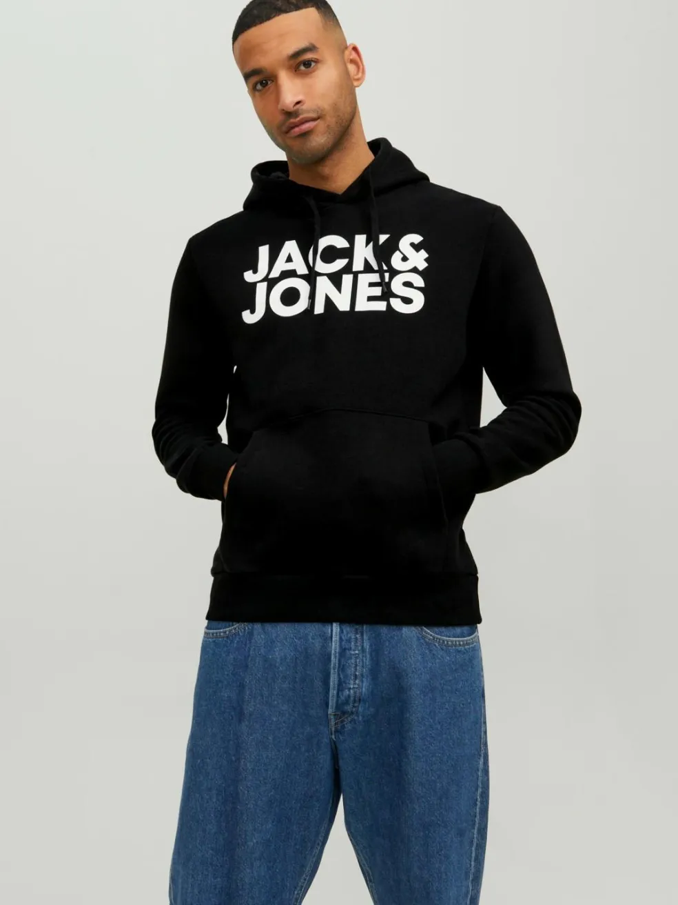 JACK & JONES Corp logo sweat hood regular fit, heren hoodie katoenmengsel met capuchon, zwart grote print
