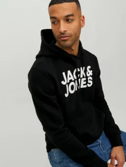 JACK & JONES Corp logo sweat hood regular fit, heren hoodie katoenmengsel met capuchon, zwart grote print
