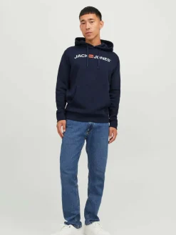 JACK & JONES Corp old logo sweat hood slim fit, heren hoodie katoenmengsel met capuchon, blauw