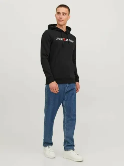 JACK & JONES Corp old logo sweat hood slim fit, heren hoodie katoenmengsel met capuchon, zwart