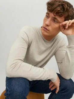 JACK & JONES Emil knit crew neck slim fit, heren pullover viscosemengsel met O-hals, beige melange