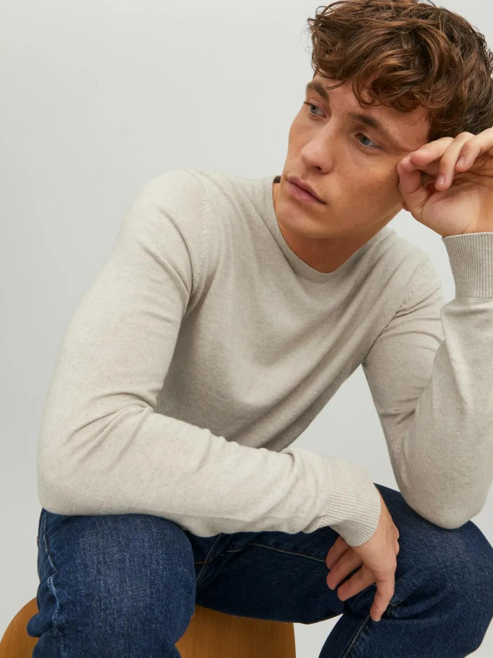 JACK & JONES Emil knit crew neck slim fit, heren pullover viscosemengsel met O-hals, beige melange