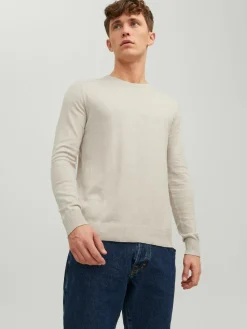 JACK & JONES Emil knit crew neck slim fit, heren pullover viscosemengsel met O-hals, beige melange
