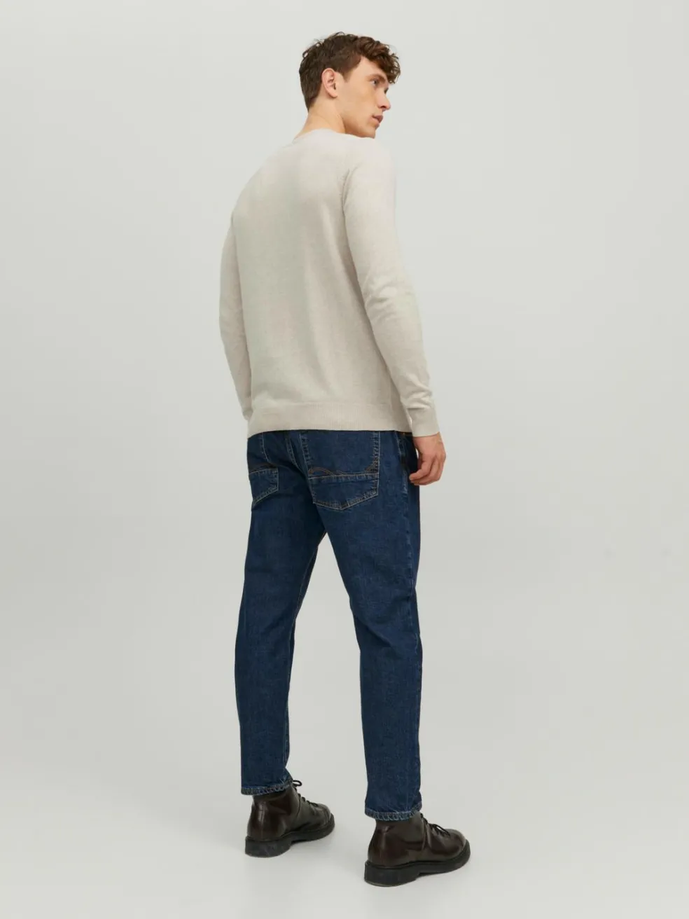 JACK & JONES Emil knit crew neck slim fit, heren pullover viscosemengsel met O-hals, beige melange