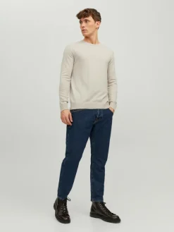 JACK & JONES Emil knit crew neck slim fit, heren pullover viscosemengsel met O-hals, beige melange