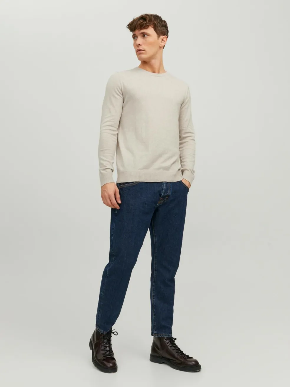 JACK & JONES Emil knit crew neck slim fit, heren pullover viscosemengsel met O-hals, beige melange