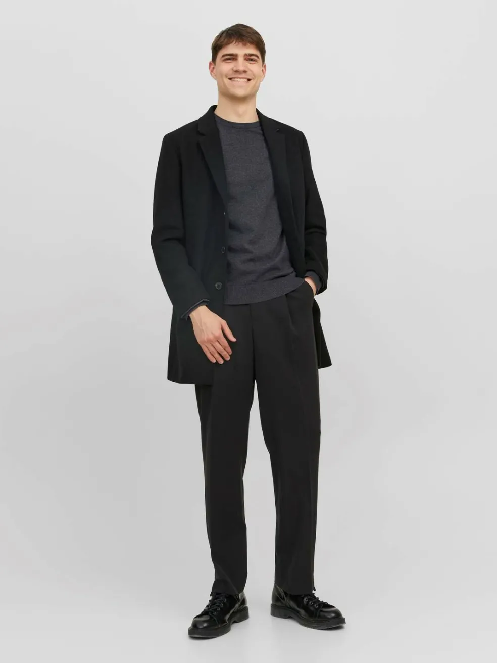 JACK & JONES Emil knit crew neck slim fit, heren pullover viscosemengsel met O-hals, donkergrijs melange