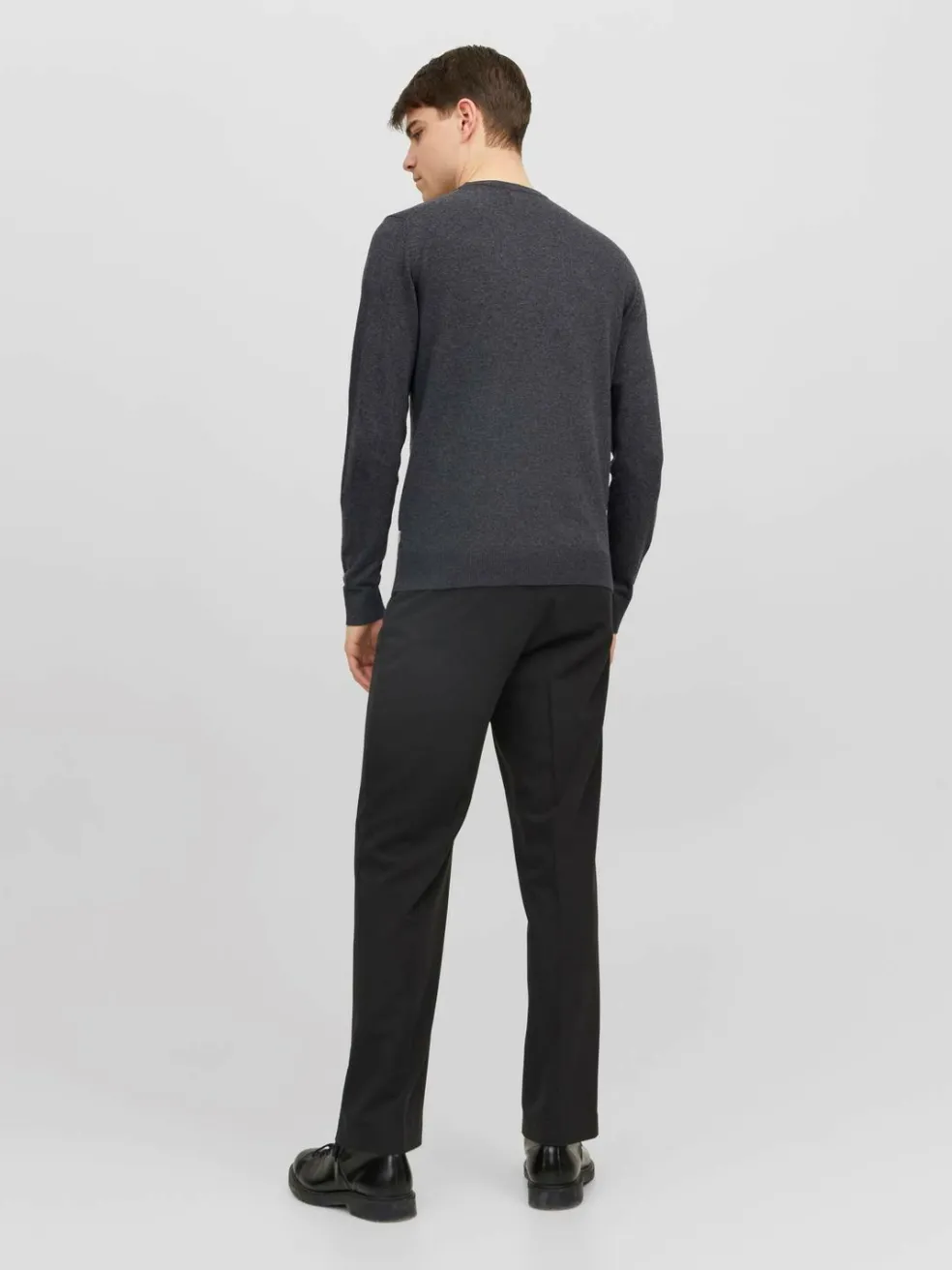 JACK & JONES Emil knit crew neck slim fit, heren pullover viscosemengsel met O-hals, donkergrijs melange