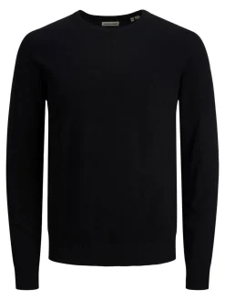 JACK & JONES Emil knit crew neck slim fit, heren pullover viscosemengsel met O-hals, zwart