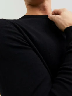 JACK & JONES Emil knit crew neck slim fit, heren pullover viscosemengsel met O-hals, zwart