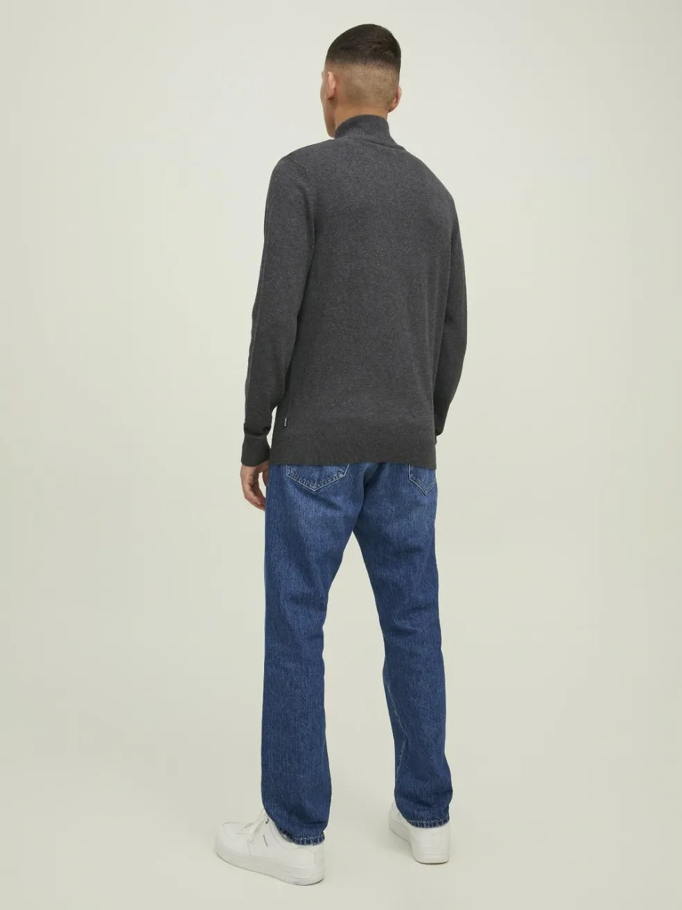 JACK & JONES Emil knit half zip slim fit, heren schipperstrui viscosemengsel met opstaande boord, donkergrijs melange