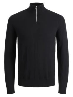 JACK & JONES Emil knit half zip slim fit, heren schipperstrui viscosemengsel met opstaande boord, zwart