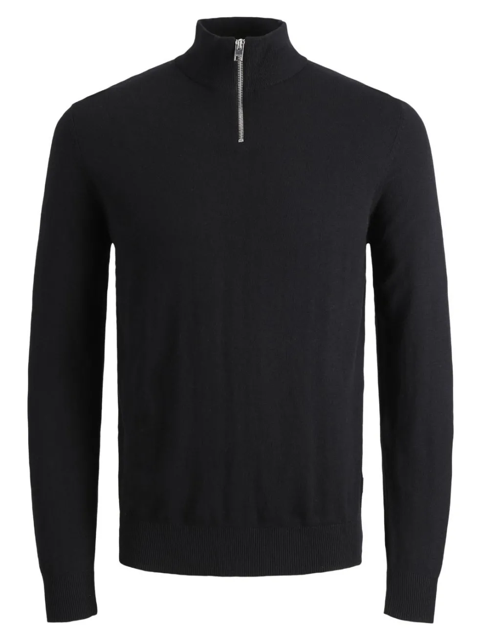 JACK & JONES Emil knit half zip slim fit, heren schipperstrui viscosemengsel met opstaande boord, zwart