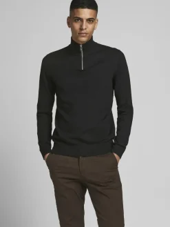 JACK & JONES Emil knit half zip slim fit, heren schipperstrui viscosemengsel met opstaande boord, zwart