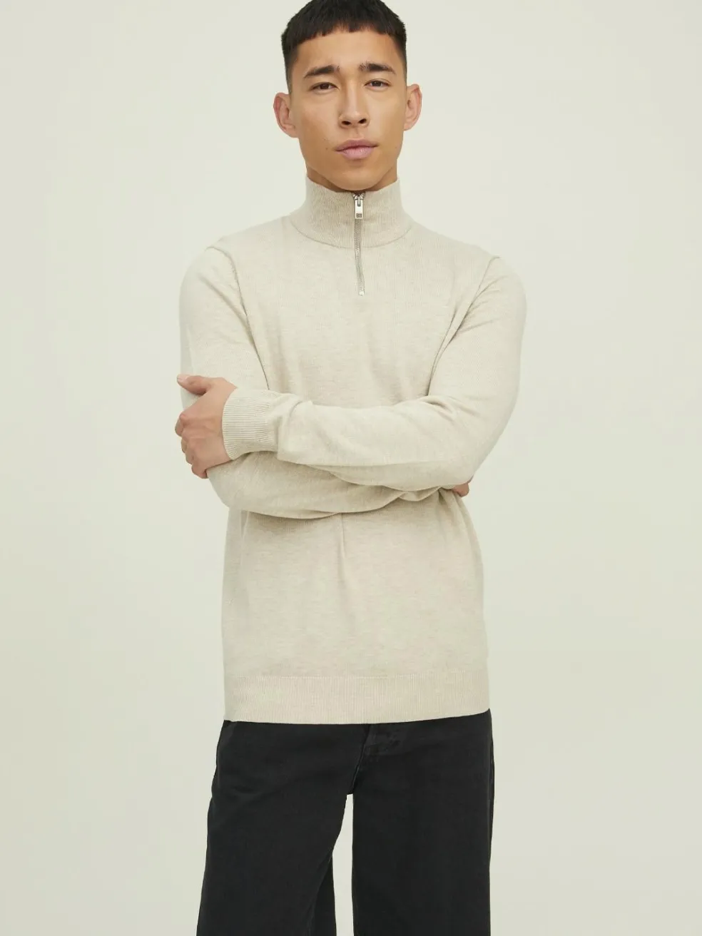 JACK & JONES Emil knit half zip slim fit, heren schipperstrui viscosemengsel met opstaande boord, beige melange