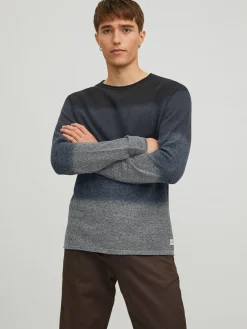 JACK & JONES Hill knit crew neck slim fit, heren pullover katoen met O-hals, blauw Gradient