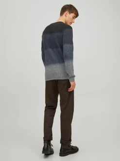 JACK & JONES Hill knit crew neck slim fit, heren pullover katoen met O-hals, blauw Gradient