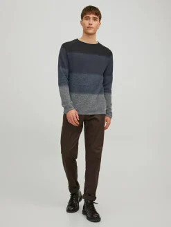 JACK & JONES Hill knit crew neck slim fit, heren pullover katoen met O-hals, blauw Gradient