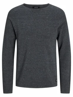 JACK & JONES Hill knit crew neck slim fit, heren pullover katoen met O-hals, donkergrijs melange