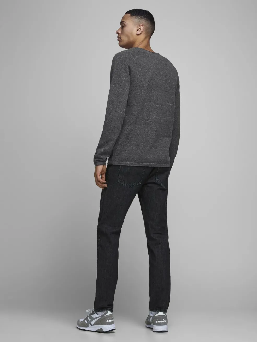 JACK & JONES Hill knit crew neck slim fit, heren pullover katoen met O-hals, donkergrijs melange