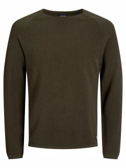 JACK & JONES Hill knit crew neck slim fit, heren pullover katoen met O-hals, groen melange