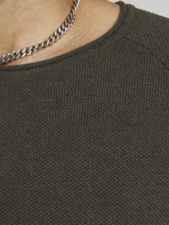 JACK & JONES Hill knit crew neck slim fit, heren pullover katoen met O-hals, groen melange