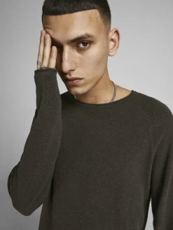 JACK & JONES Hill knit crew neck slim fit, heren pullover katoen met O-hals, groen melange