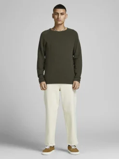 JACK & JONES Hill knit crew neck slim fit, heren pullover katoen met O-hals, groen melange