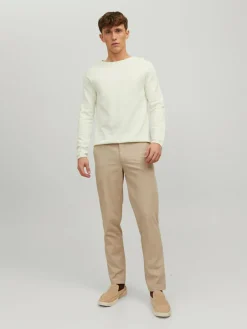 JACK & JONES Hill knit crew neck slim fit, heren pullover katoen met O-hals, offwhite