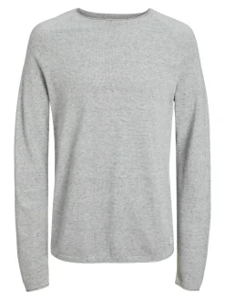 JACK & JONES Hill knit crew neck slim fit, heren pullover katoen met O-hals, lichtgrijs melange