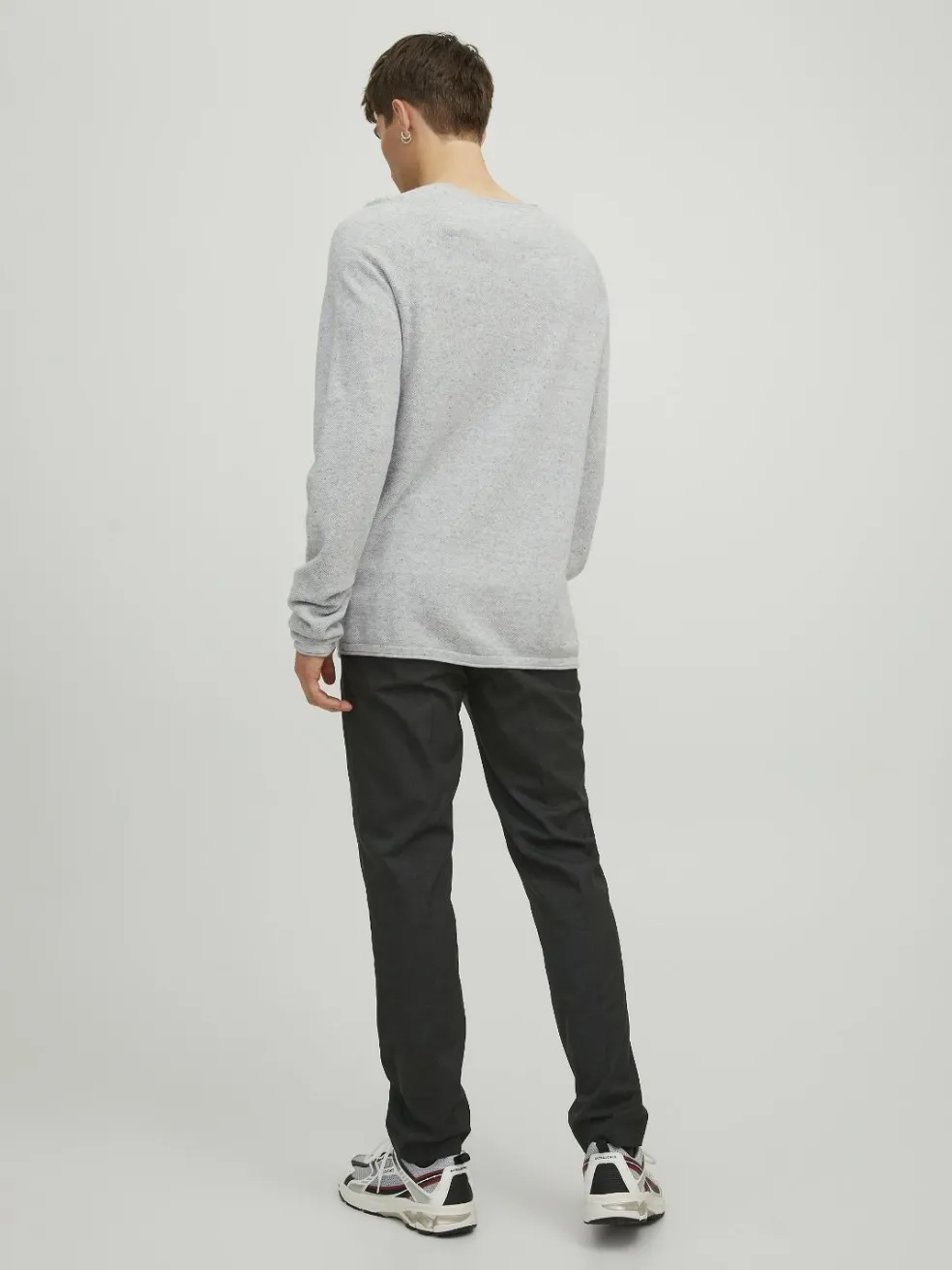 JACK & JONES Hill knit crew neck slim fit, heren pullover katoen met O-hals, lichtgrijs melange
