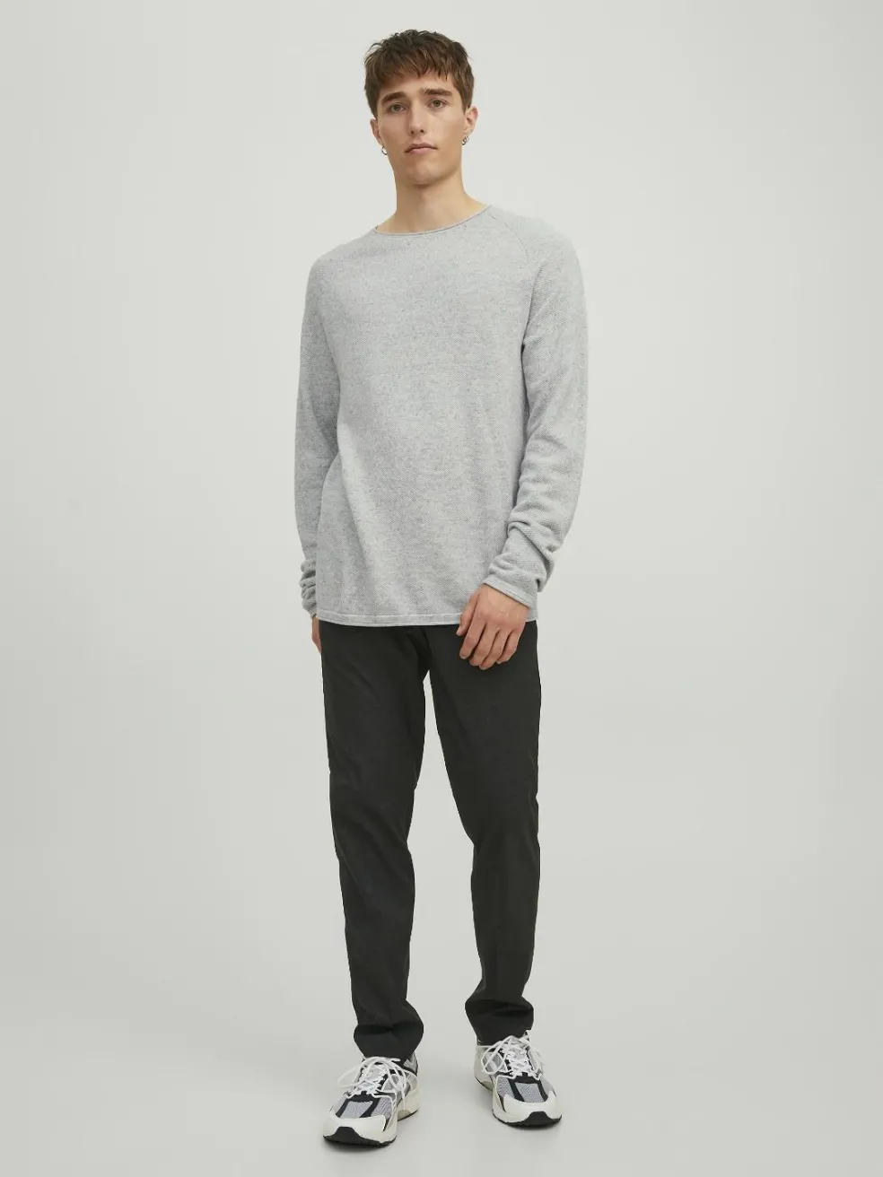 JACK & JONES Hill knit crew neck slim fit, heren pullover katoen met O-hals, lichtgrijs melange