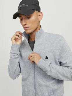 JACK & JONES Paulos sweat zip regular fit, heren sweatshirt katoenmengsel met opstaande boord, lichtgrijs melange