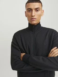 JACK & JONES Paulos sweat zip regular fit, heren sweatshirt katoenmengsel met opstaande boord, zwart