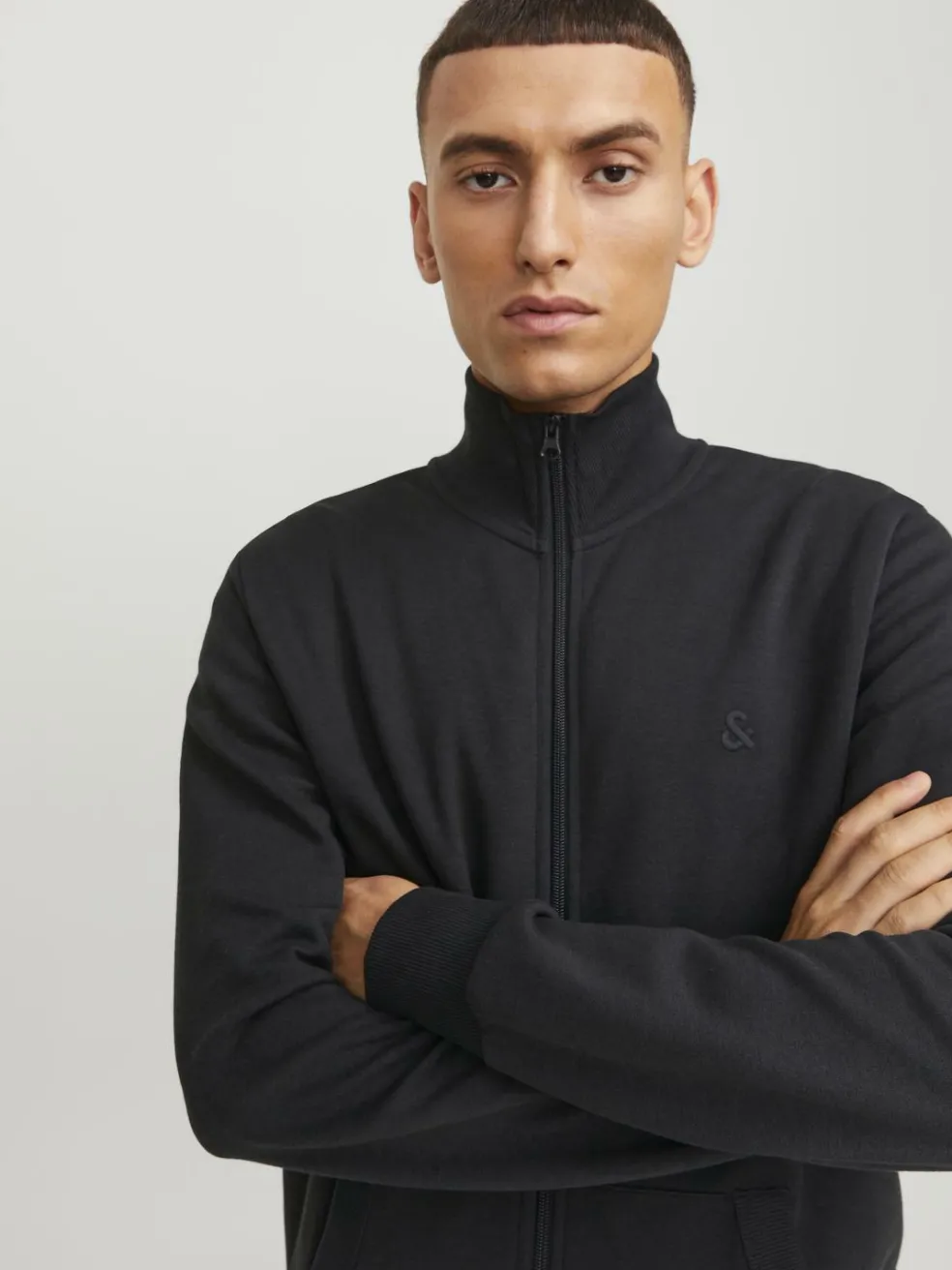 JACK & JONES Paulos sweat zip regular fit, heren sweatshirt katoenmengsel met opstaande boord, zwart