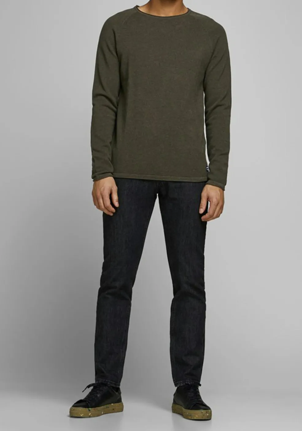 JACK & JONES slim fit trui katoen, O-hals, olijfgroen