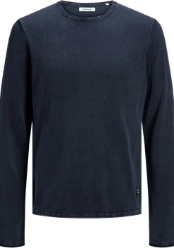 JACK & JONES slim fit trui katoen, O-hals, verwassen donkerblauw