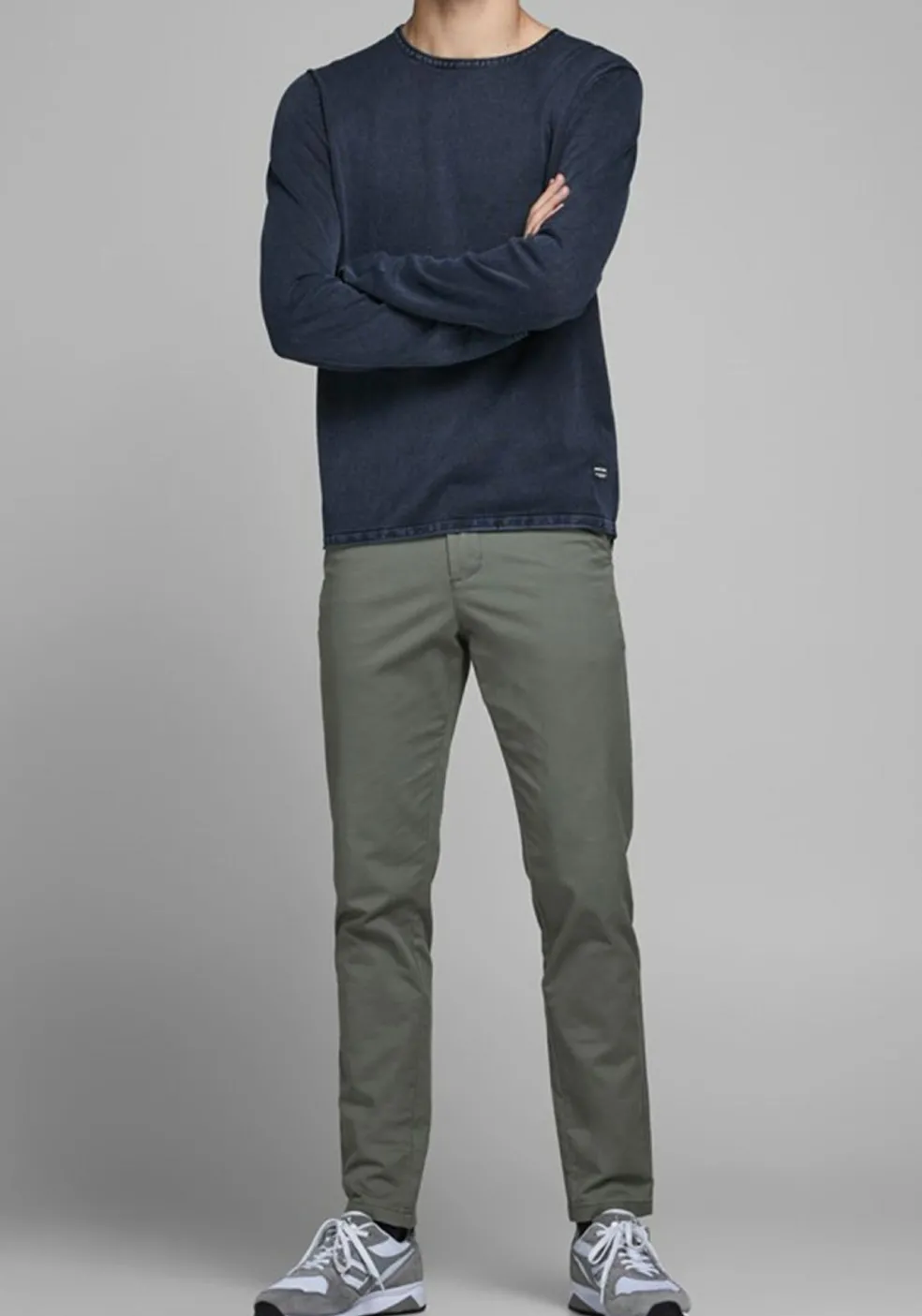 JACK & JONES slim fit trui katoen, O-hals, verwassen donkerblauw