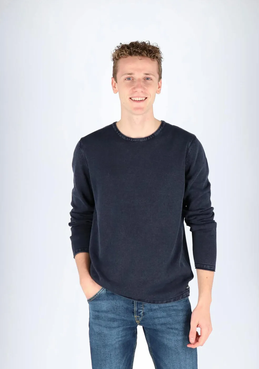 JACK & JONES slim fit trui katoen, O-hals, verwassen donkerblauw