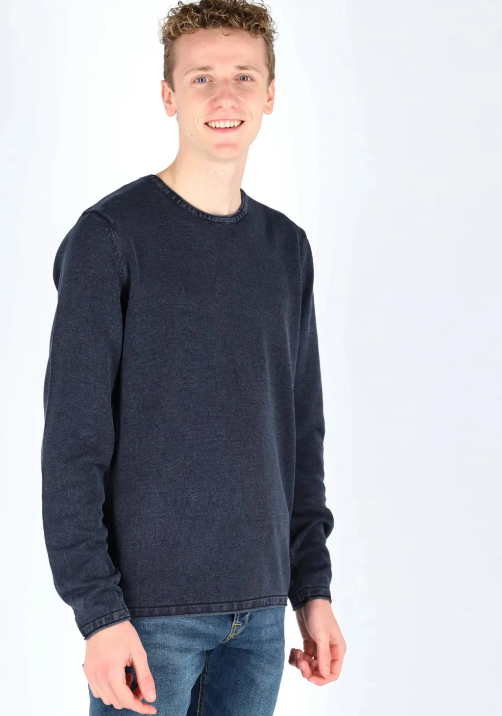 JACK & JONES slim fit trui katoen, O-hals, verwassen donkerblauw