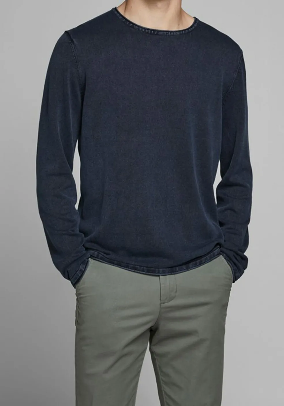 JACK & JONES slim fit trui katoen, O-hals, verwassen donkerblauw