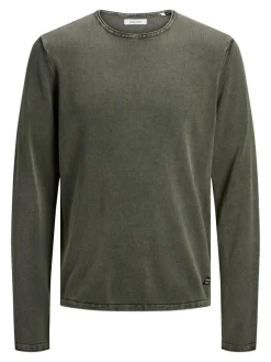 JACK & JONES slim fit trui katoen, O-hals, verwassen olijfgroen