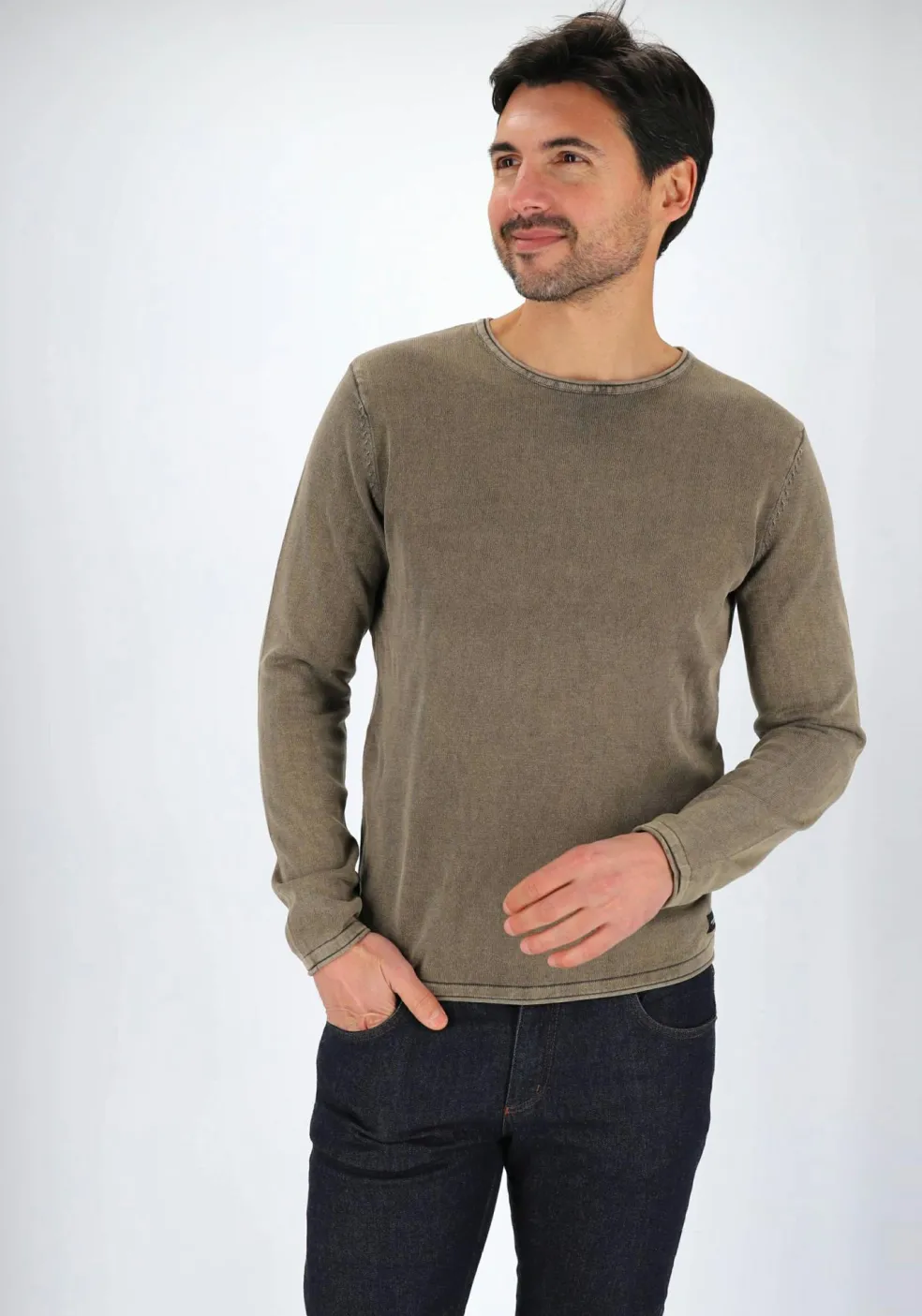 JACK & JONES slim fit trui katoen, O-hals, verwassen olijfgroen