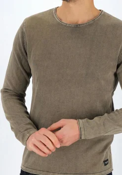 JACK & JONES slim fit trui katoen, O-hals, verwassen olijfgroen