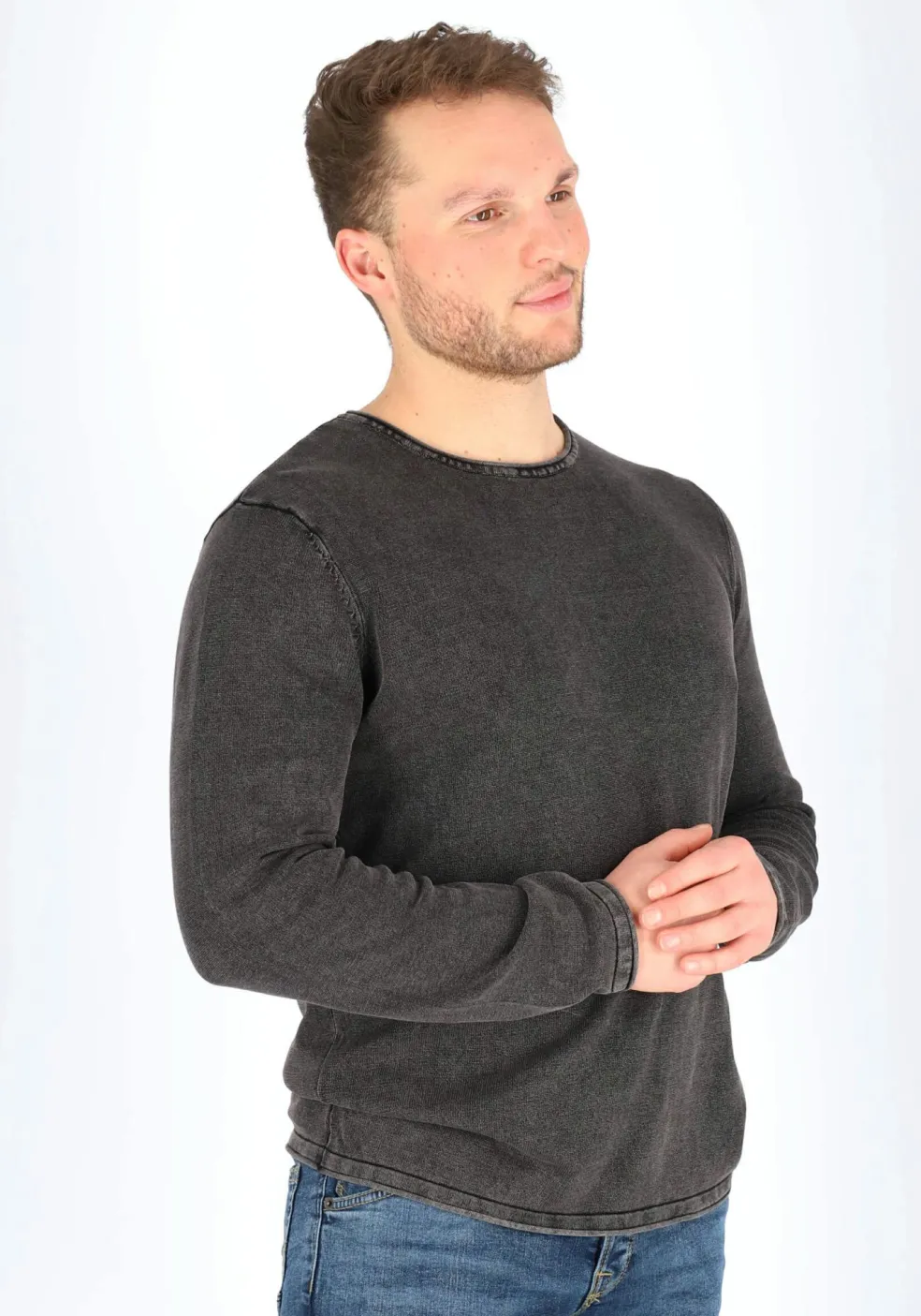 JACK & JONES slim fit trui katoen, O-hals, verwassen zwart