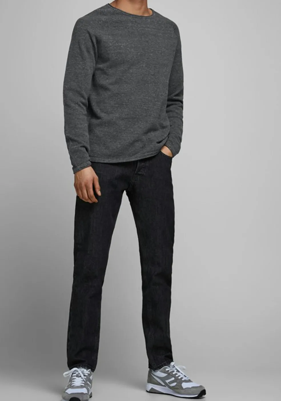 JACK & JONES slim fit trui katoen, O-hals, antraciet grijs melange