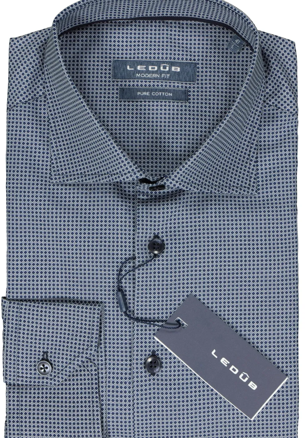 Ledub modern fit overhemd, donkerblauw met wit dessin