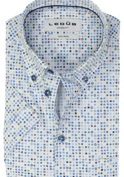 Ledub modern fit overhemd, korte mouw, popeline, wit met blauw en geel dessin