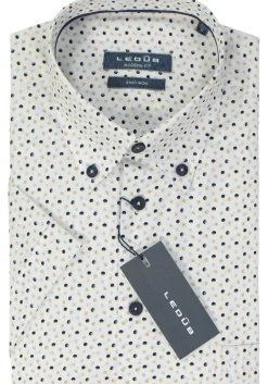 Ledub modern fit overhemd, korte mouw, wit met donkerblauw en beige dessin